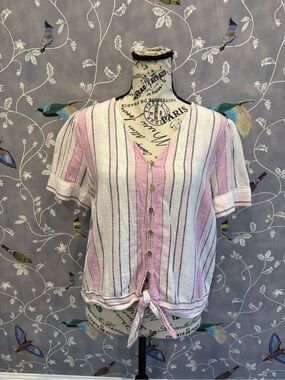 Michael Kors Pink & White Striped LinenTie-Front Button Blouse women M